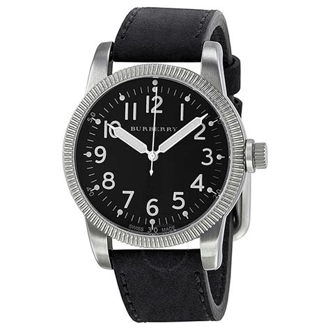 Burberry Military Black Dial Black Leather Strap Men's Watch 